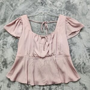 NEW Mixed Threads‎ Top Womens 1X Pink Satin Short Flutter Sleeve Pleated Peplum